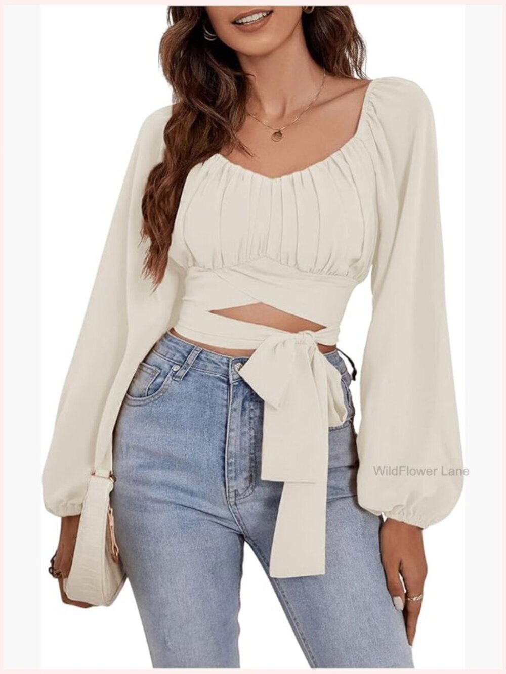 Sweetheart Neck Ruched Lantern Sleeve Tie Front Crop Blouse